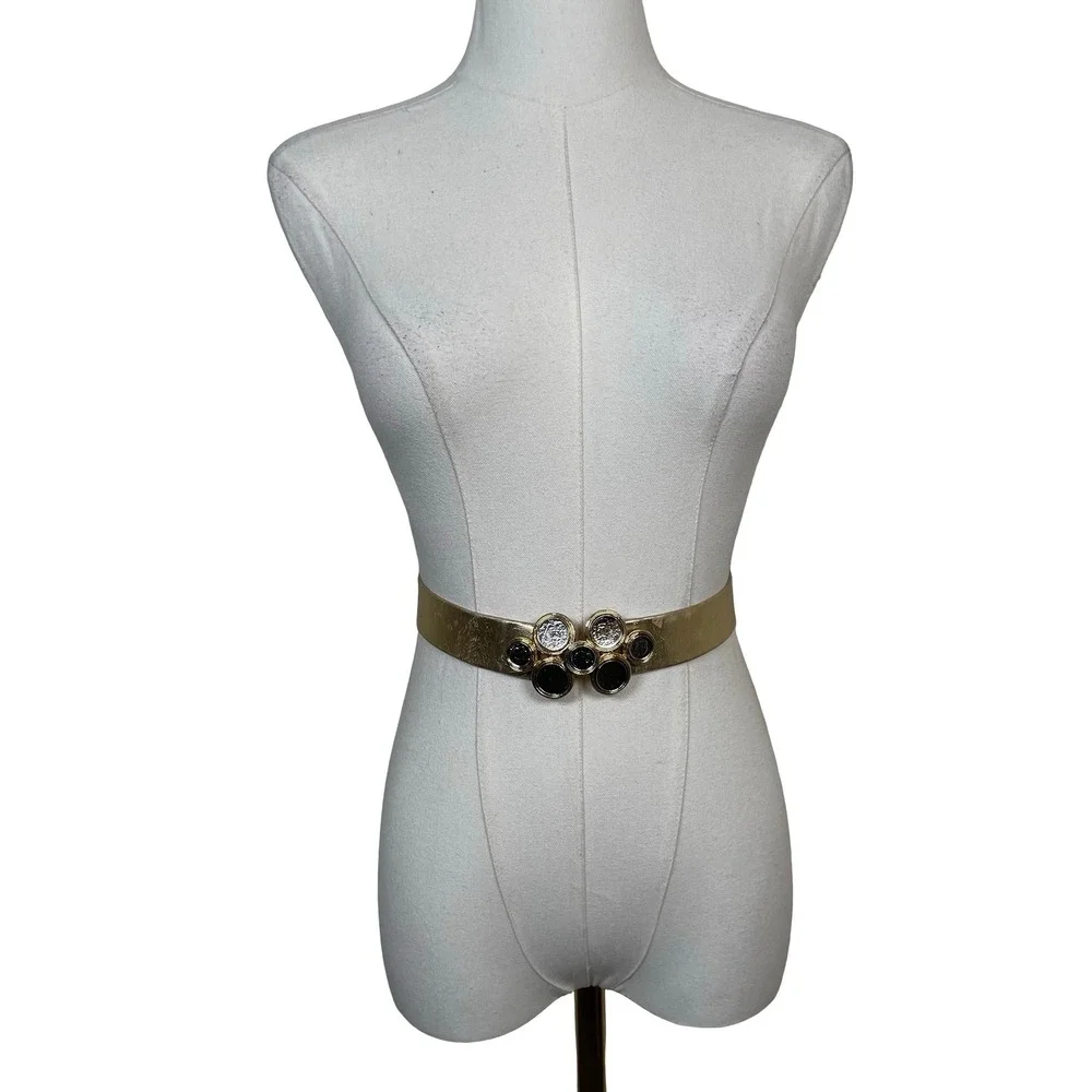 Vintage Coin Buckle Waist Belt Women OS Gold Metallic Medallion Statement 80s